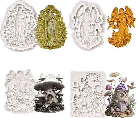 (Four-piece set) Virgin Mary, angels, mushroom cottage, flower cottage, DIY silicone mold, cake chocolate mold wedding cake decoration tool marshmallow cake