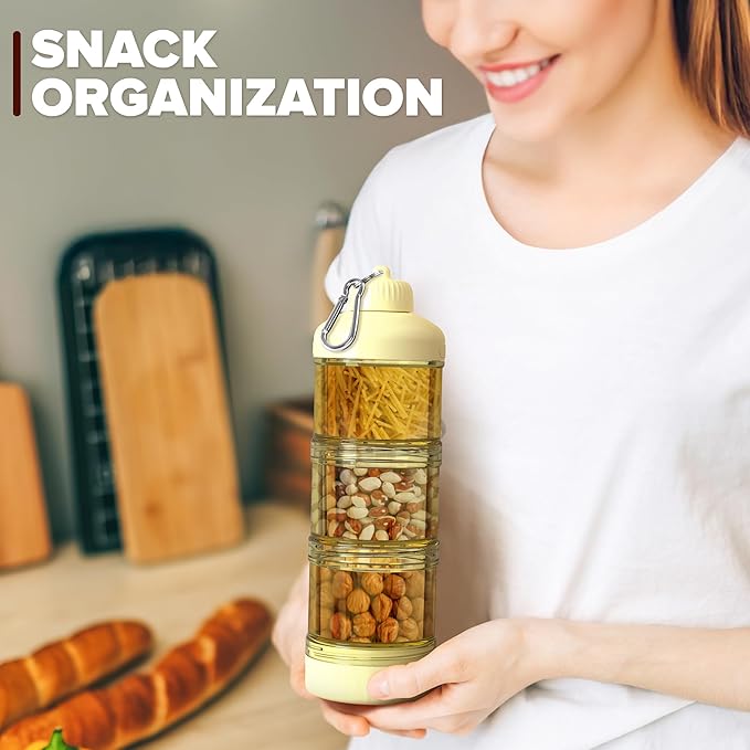 BYLWORKOUT 3-Layer Protein Powder Travel Container with Funnel and Keychain | Portable Food Storage Organizer for Gym, Fitness, Kitchen, Camping, Hiking, and Travel (Yellow)