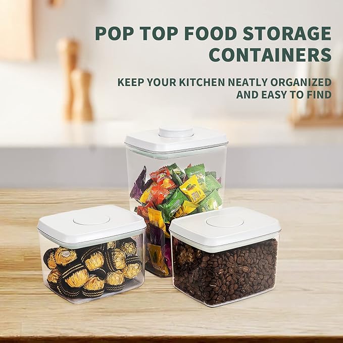Pop Top Food Storage Containers, 3-Piece Pantry Containers with Lids Airtight, BPA Free Pop Containers for Food Storage, 2 * 1.3Qt+2.9Qt