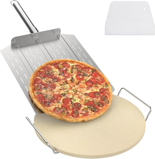 "DcYourHome 12 inch Round Pizza Stone with Rack for Oven, BBQ Grilling, Natural Cordierite Pizza Stone Kit with Pizza Peel & Plastic Scraper for Baking Bread, Universal High Temperature Baking Stone"