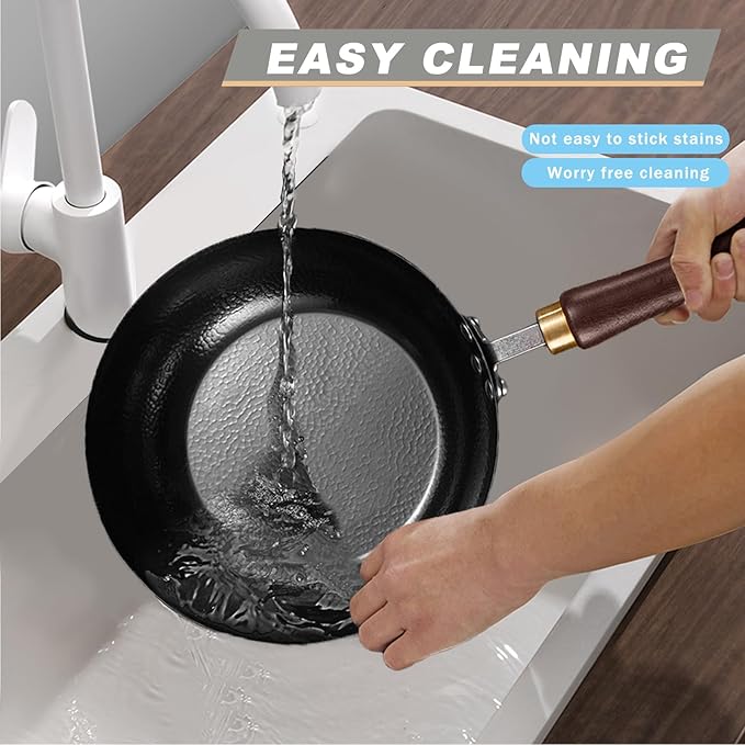 Carbon Steel Wok Pan, 9.5" Woks & Stir-Fry Pans with Glass Lid Cookwares, Nonstick Wok Flat Bottom Small Handmade Chinese Wok For for All Stoves