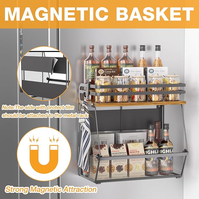 Magnetic Shelf for Fridge with Wood Lid, Extra-Large Capacity Magnetic Spice Rack for Refrigerator Kitchen Storage Bin for Fruit, Onion, Potatoes, Storage Organizer for Counter & Cabinet, Mesh Basket