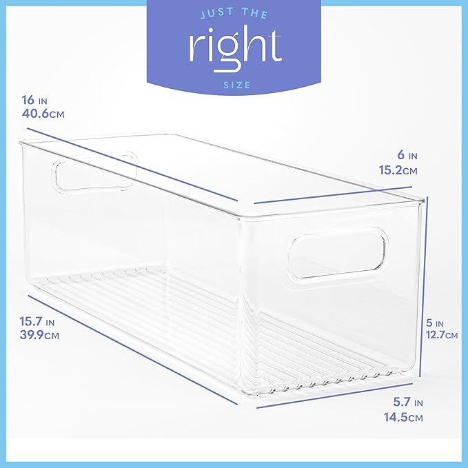 Plastic Food Storage Clear Container Bin with Handles for Organizing Kitchen, Pantry, Fridge, Freezer, Pantry,Bathroom. 16"x6"x5"