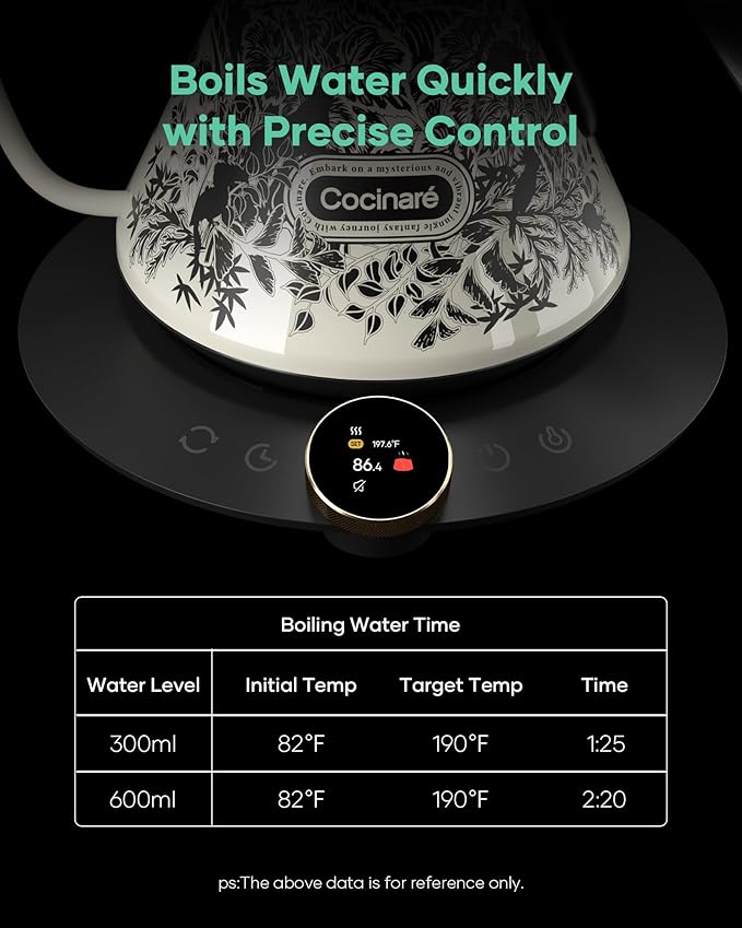 Cocinare FLOW M6 Pro Electric Gooseneck Kettle with Color-Changing Design, ±0.5℉ Temperature Control for Pour-over Coffee & Tea, Stainless Steel Interior, Quick Heating for Boiling Water (Jungle)