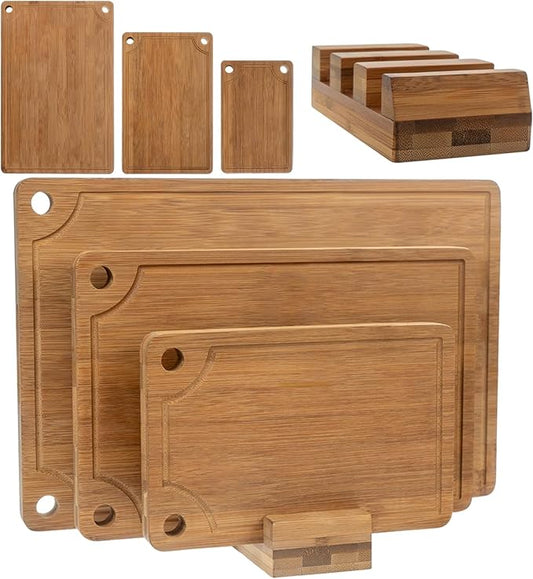 ICEDOG-3-Piece Bamboo Cutting Board Set - Reversible with Juice Groove, Non-Slip Pads - for Meat, Vegetables, Cheese - Pre-Oiled Natural Wood - Kitchen Gift (Brown)