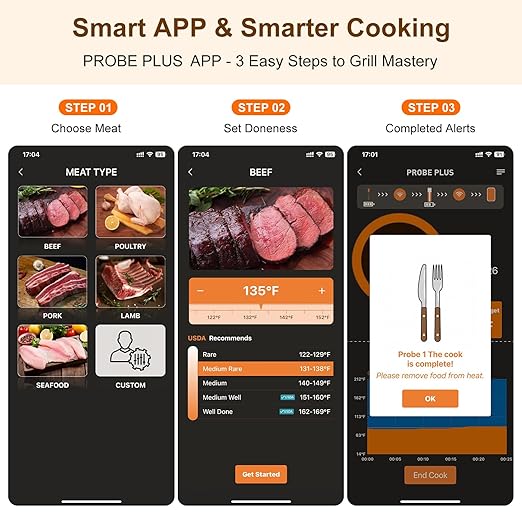 Wireless Meat Thermometer Digital with 2 Probes, Long Range Bluetooth Food Thermometer with Smart APP Alerts for Cooking, Grill, AirFryer, Perfect for BBQ Chicken Turkey