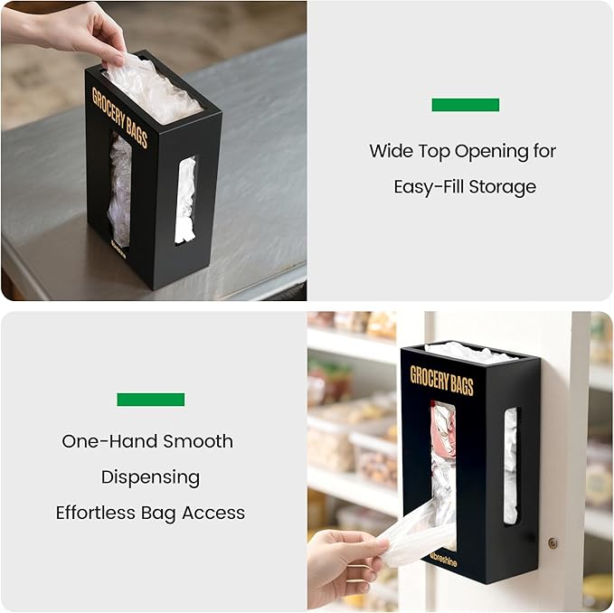 Extra Large Bamboo Plastic Bag Holder Black- Under Sink, Cabinet & Wall Mount Storage - Multipurpose Gorcery Bag Organizer with Space-Saving Design for Kitchen, Pantry, Bathroom, Garage