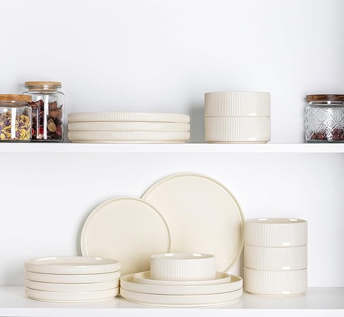 TheTerra Ceramic Dinnerware Sets for 4, 12 Pieces Porcelain Lightweight Plates and Bowls Sets, Scratch Resistant Dish Set, Oven & Microwave & Dishwasher Safe, Beige