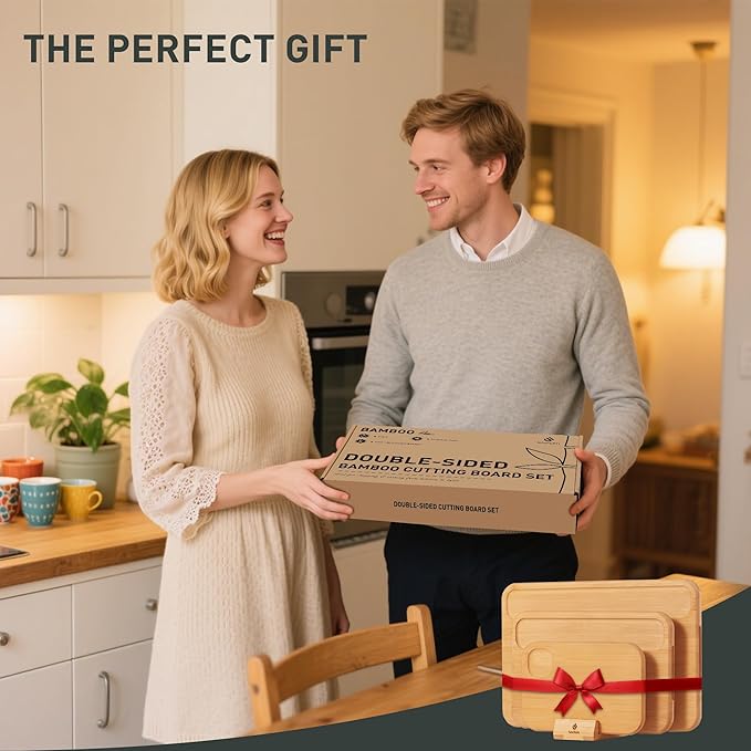 3 Packs Bamboo Cutting Board Set with Holder Wood Cutting Boards for Kitchen with Juice Grooves Built-in Handles, Ideal Charcuterie & Chopping for Meat Vegetables Fruits Kitchen Gift for Home Cooks