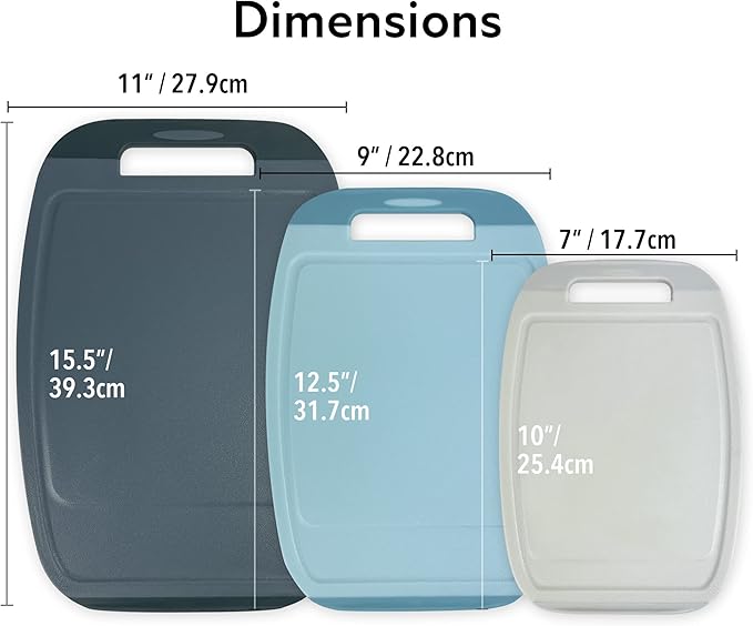 Neoflam Microban Antimicrobial Plastic Cutting Board 3 Sets, BPA Free, Non-Slip EZ Grip Handle, Dishwasher Safe, Reversible Use, Large Juice Grooves, Blue Gray