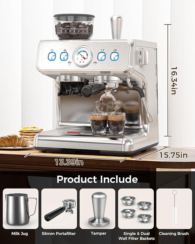 COWSAR Espresso Machine 15 Bar, Semi-Automatic Espresso Maker with Bean Grinder & Milk Frother Steam Wand, 75 Oz Removable Water Reservoir, Self-Cleaning, Ideal for Cappuccino/Latte, Stainless Steel