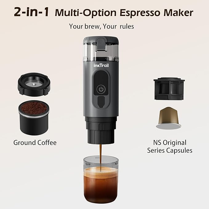 InkTrail Portable Electric Espresso Machine,Travel Coffee Maker for Camping, Self-Heating with Rechargeable Battery, Compatible with Ground Coffee & NS Original Capsule for Car, RV, Hiking, Office