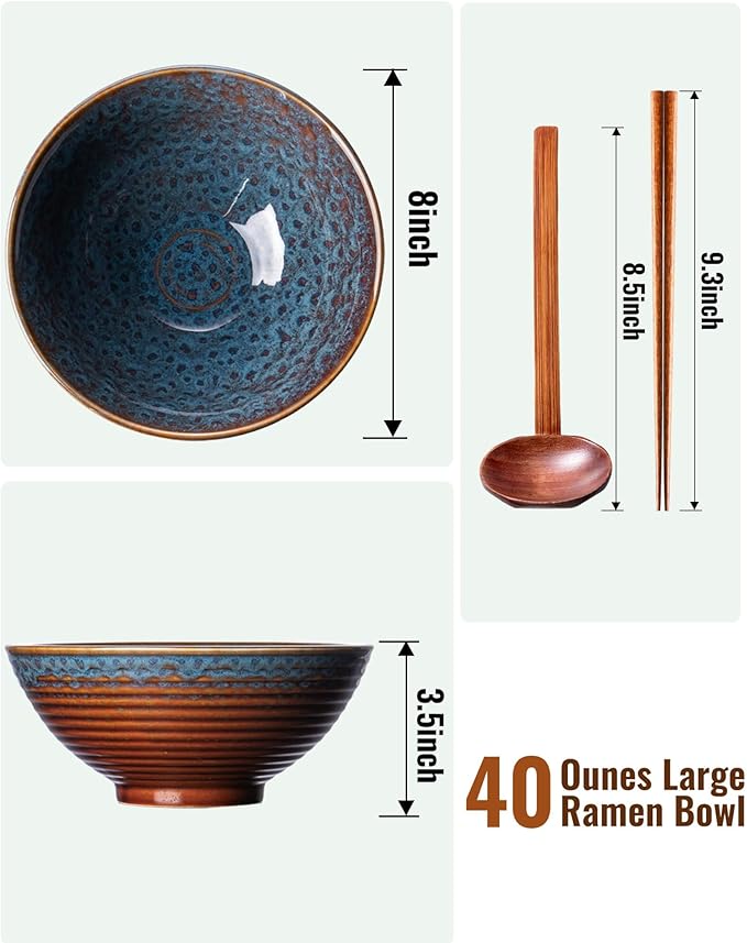 Large Japanese Ramen Bowl Set of 4, Material Safety Ceramic Ramen Bowls with Matching Chopsticks and Spoons, 8 Inch 40oz Pho Bowls Ramen Noodle Bowl for Asian Udon Soup Salad Cereal(Peacock Tail)