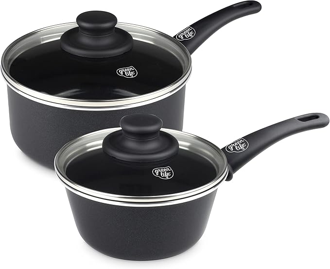 GreenLife Soft Grip 1QT and 2QT Saucepan Set, Healthy Ceramic Nonstick, Non Toxic PFAS & PFOA-Free, Dishwasher Safe, Glass Lids, Stay-Cool Handles, Easy Clean Cookware, Kitchen Essentials, Black