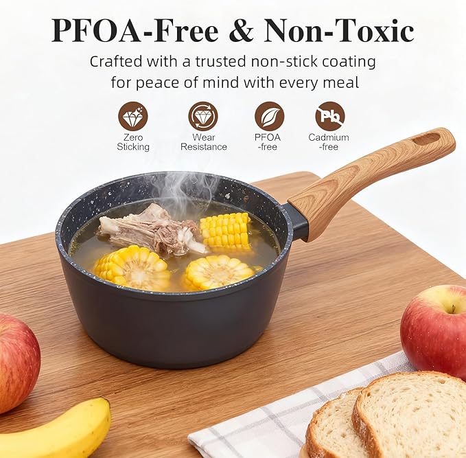 2-Piece Nonstick Cookware Set, 8.5 Inch Frying Pan & 1.43QT Saucepan with Lid | PFAS & PFOA Free Non-Toxic Coating | Induction Compatible, Dishwasher Safe | Pots and Pans Set for Beginner Kitchen