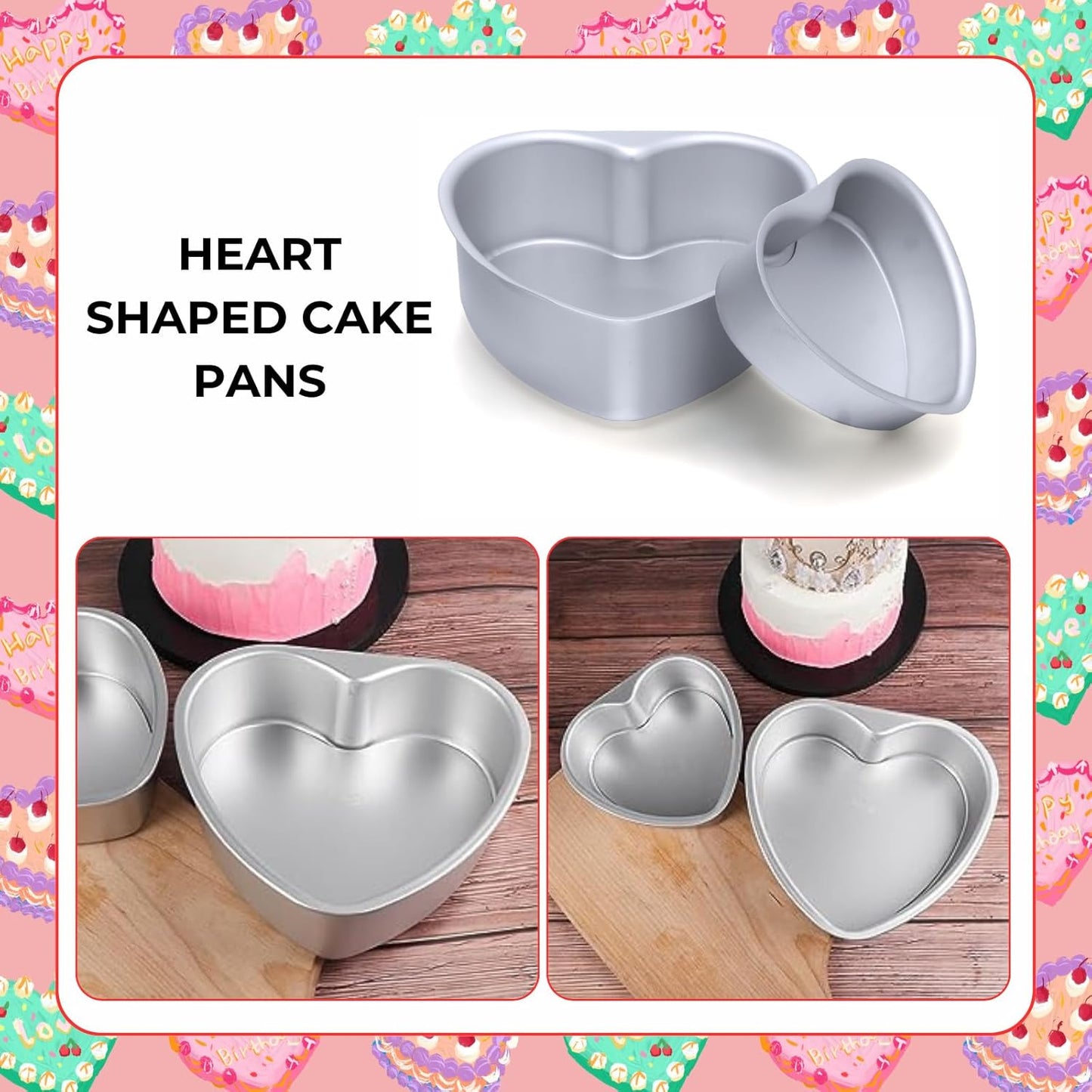 beyonday 2pcs Heart Shaped Cake Pan with Removable Bottom, 6 inch & 8 inch Aluminum Alloy Cake Trays for Birthday Party Wedding Anniversary Baking Mold Cheesecake Pans Kitchen Bakeware