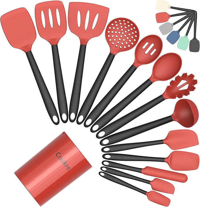 Coukre Silicone Kitchen Cooking Utensils Set with Holder – Heat-Resistant, Food-Grade Kitchen Tools, Spatula, Spoon & Gadgets for Non-Stick Pans, Dishwasher Safe (14, Red)