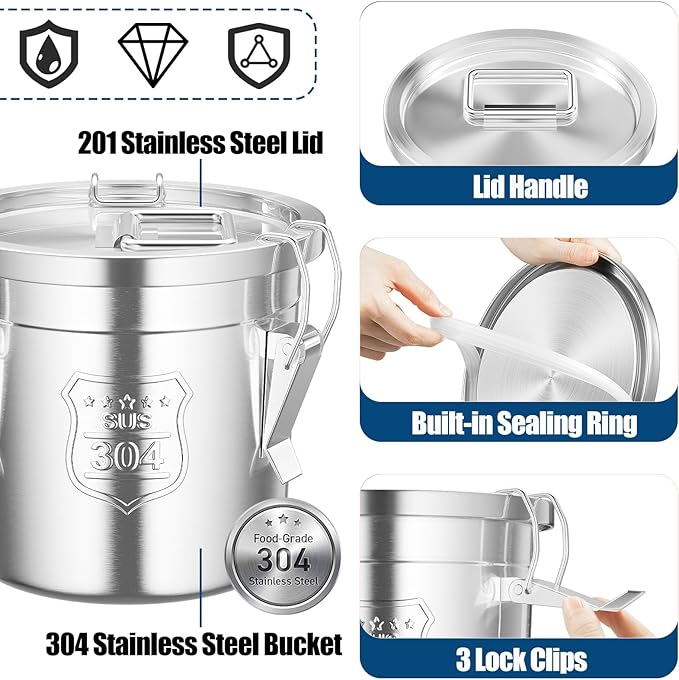 304 Stainless Steel Airtight Canister for Kitchen, 1.6Gal Stainless Steel Food Storage Containers with Lids and Sturdy Locking Clamp, Air Tight Containers for Flour Grain Coffee Bean Sugar Tea, 6L