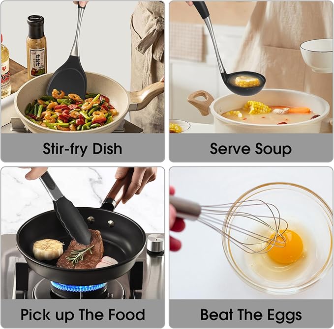 Premium Black Silicone Cooking Utensils Set - Non-Toxic, Heat Resistant& Non-Stick Kitchen Utensils Set with Spatula, Spoon, Whisk, Tongs, BPA Free, Dishwasher Safe, Black