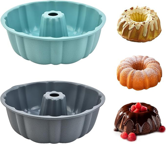 2 Pack Silicone Bundt Cake Pan Nonstick,10 Inch, Silicone Cake Molds,Pound Cake Pan, Baking for Jello,Gelatin,Cake,Brownie and Bread (Grey+Blue)