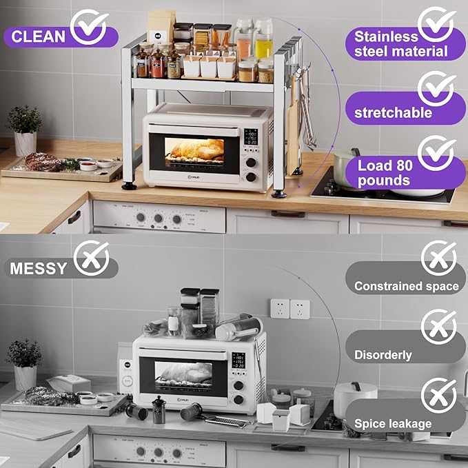 Extendable Microwave Oven Rack, Microwave Shelf Adjustable Over Microwave Stand Countertop 2-Tier Stainless Steel Organizing Rack with 4 Hooks for Kitchen Utensils Tableware Storage