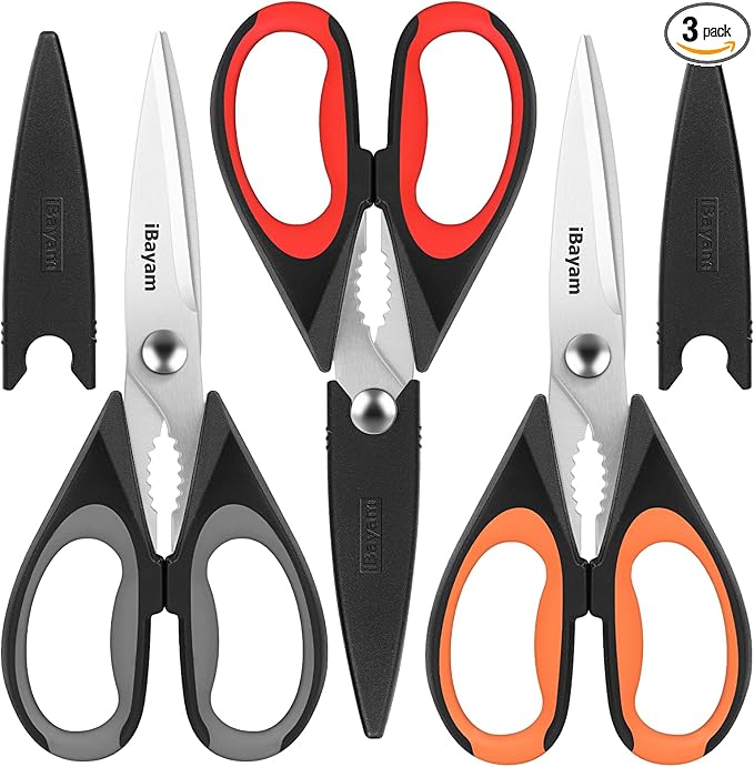iBayam 3-Pack 8.5"Kitchen Scissors All Purpose Heavy Duty with Protective Sheath, Soft Grip Comfort Handle, Dishwasher Safe Kitchen Utensils Gadgets Set, Stainless Cooking Meat Poultry Food Shears