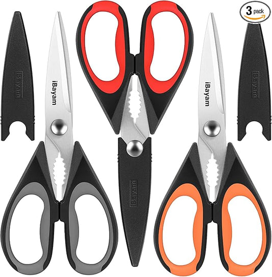 iBayam 3-Pack 8.5"Kitchen Scissors All Purpose Heavy Duty with Protective Sheath, Soft Grip Comfort Handle, Dishwasher Safe Kitchen Utensils Gadgets Set, Stainless Cooking Meat Poultry Food Shears