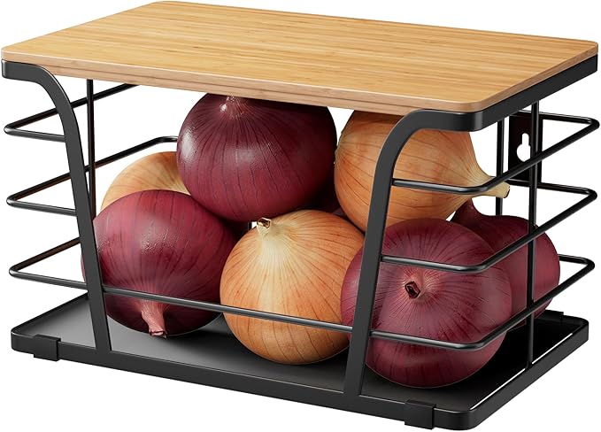 Pantry Organizers and Storage - Stackable Wire Basket with Lightweight PP Mat & Bamboo Top for Fruits Vegetables,Fruit Holder for Kitchen Countertop,Black