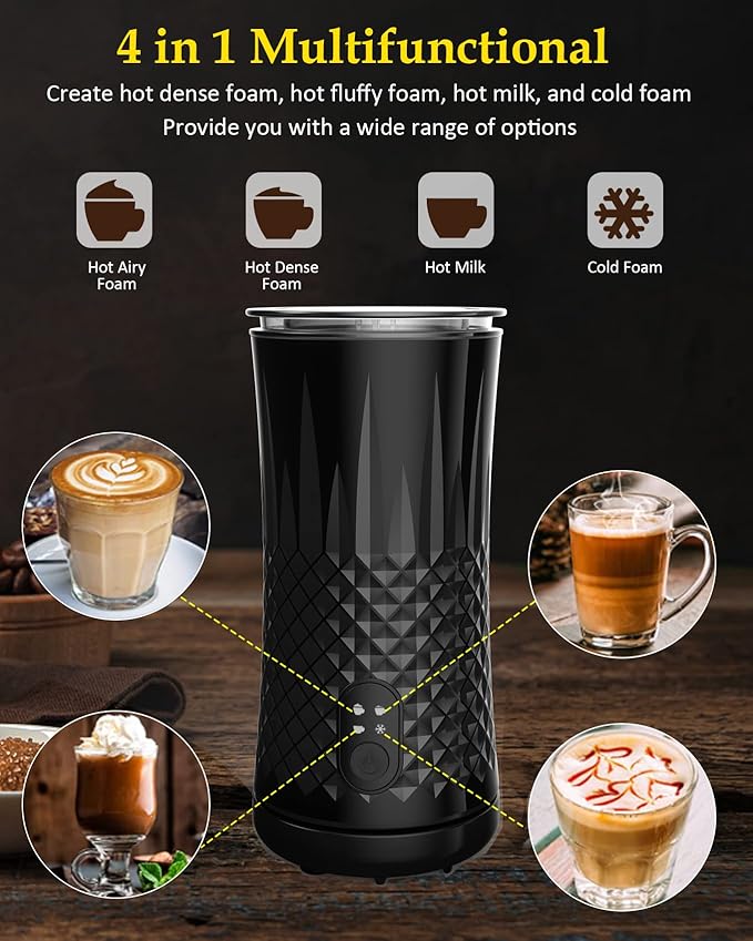 Milk Frother, Ausyle 4-in-1 Electric Milk Frother and Steamer, Non-Slip Stylish Design, Hot & Cold Milk Steamer with Temperature Control, Auto Shut-Off Frother for Coffee, Latte, Cappuccino, Macchiato