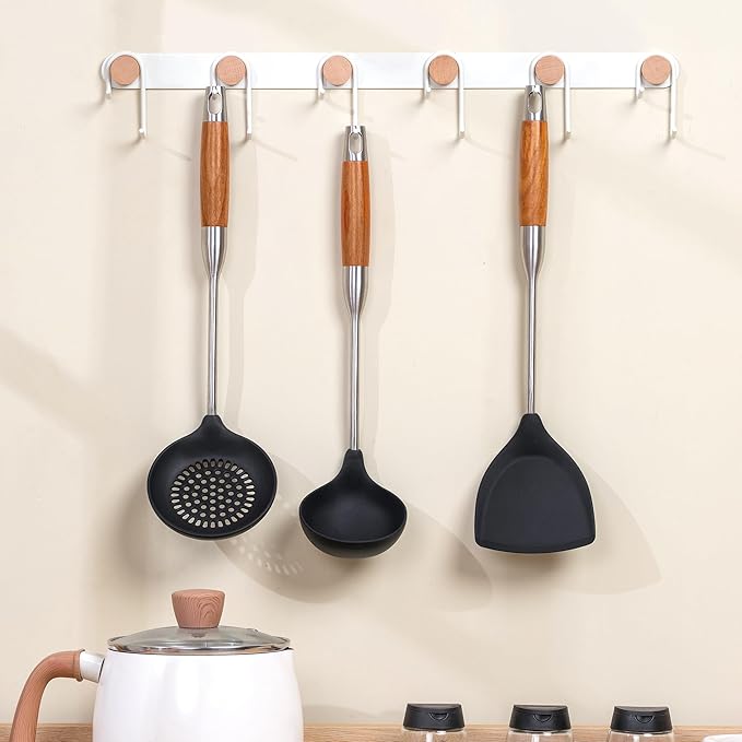 FJNATINH Silicone Wok Spatula,Ladle,Skimmer - Stainless Steel Wok Tools, Wok Utensil - Resistant Cooking Utensils BPA Free Kitchen Utensils Cookware Wooden Handle,3 Pieces