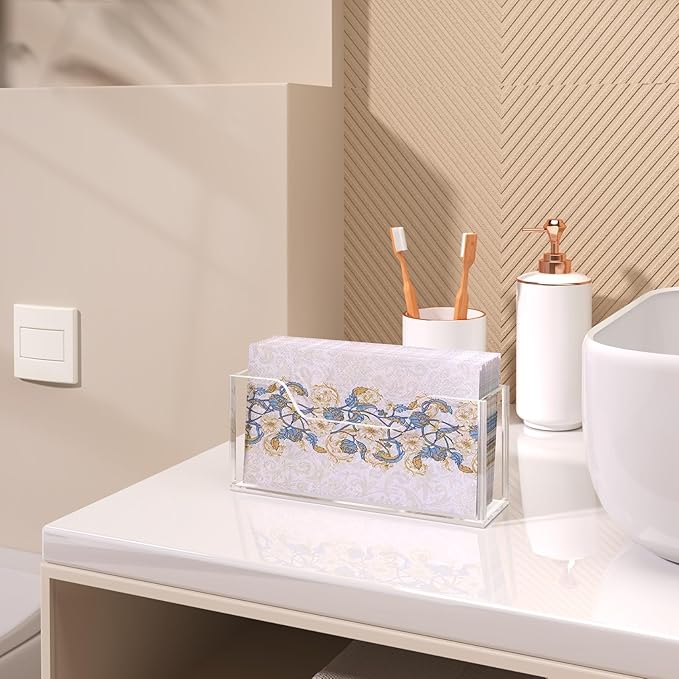 Acrylic Guest Towel Napkin Holder for Table, 2pcs Clear Disposable Hand Towel Holder for Bathroom, Washbasin Side Waterproof Tissue Dispenser for Home, Kitchen, Restaurant and Hotel