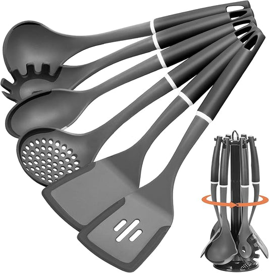 Kitchen Cooking Utensils Set, Non-Stick Spatula Set with Rotating Stand, 6 PCS Silicone Utensils Set for Cooking, 400°F Heat Resistant, Kitchen Gadgets with Nylon Handle & Stable Holder, Dark Grey