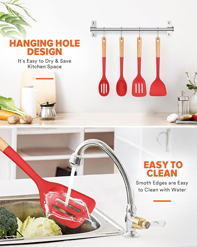 Silicone Cooking Utensils Set, Perfectly Angled for Frying, Mixing,Serving,Draining,Turning and Stirring, BPA-Free Matte Silicone, Wood Handles, Safe for Nonstick Cooking Surfaces,4 Pack (Red)