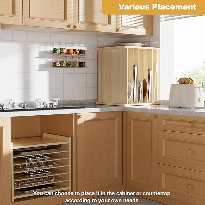 7 Tier Wooden Cookie Sheet Organizer for Cabinet Pot, Pans, Baking Tray Organizer for Kitchen Documents Storage(16.6" W x 16.5" H x 15.2" D)