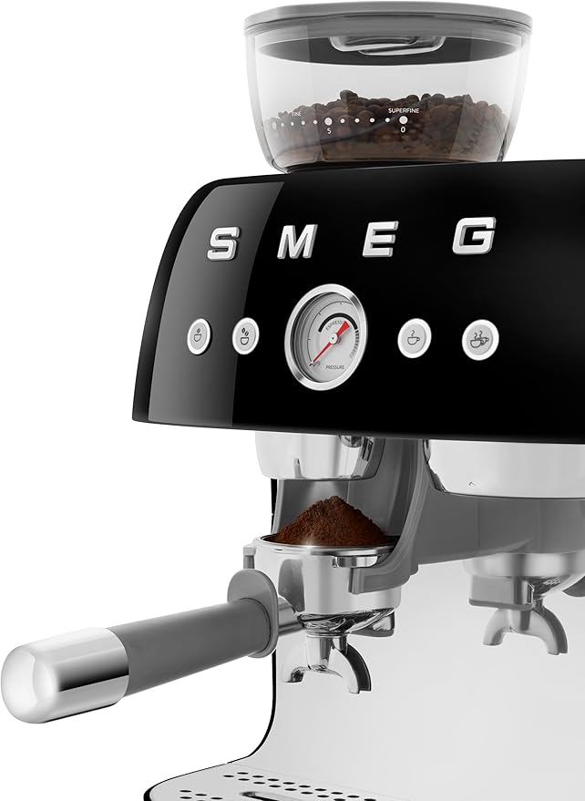 Smeg EGF03 Semi-Automatic Espresso Machine with Built-In Grinder, Dual Thermoblock, 50’s Retro Style – Black (120 V)