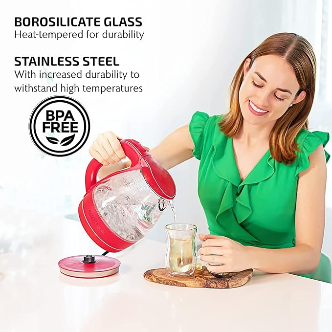 OVENTE Electric Kettle, 1.5L Borosilicate Glass Countertop Water Heater and Boiler for Coffee or Tea, BPA-Free, Auto Shut-Off, Boil-Dry Protection, Removable and Washable Spout Filter, Red KG83R