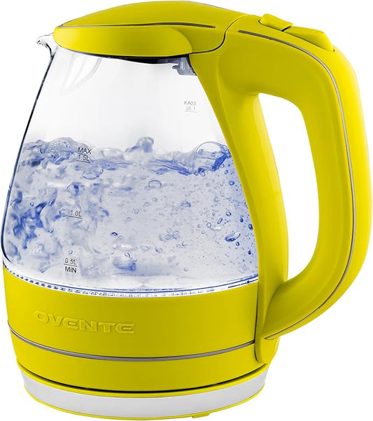OVENTE Electric Kettle, 1.5L Borosilicate Glass Countertop Water Heater and Boiler for Coffee or Tea, BPA-Free, Auto Shut-Off,  Boil-Dry Protection, Removable and Washable Spout Filter, Green KG83G