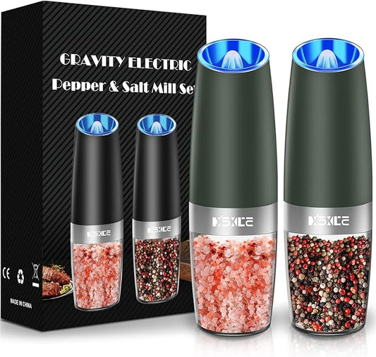 XinXu Gravity Electric Pepper Grinder, Salt or Pepper Mill & Adjustable Coarseness, with LED Light, One Hand Automatic Operation -Set/DarkGreen