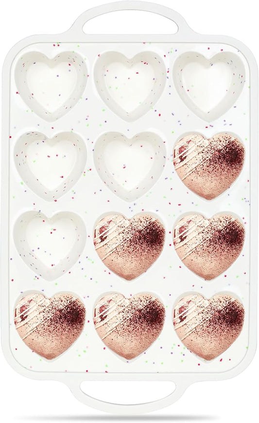 1 Pc Heart Shaped Muffin Pan with Metal Reinforced Frame 12 Cup Nonstick Silicone Heart Cake Mold for Baking 2.5 Inch Cupcake Tray (Cream)