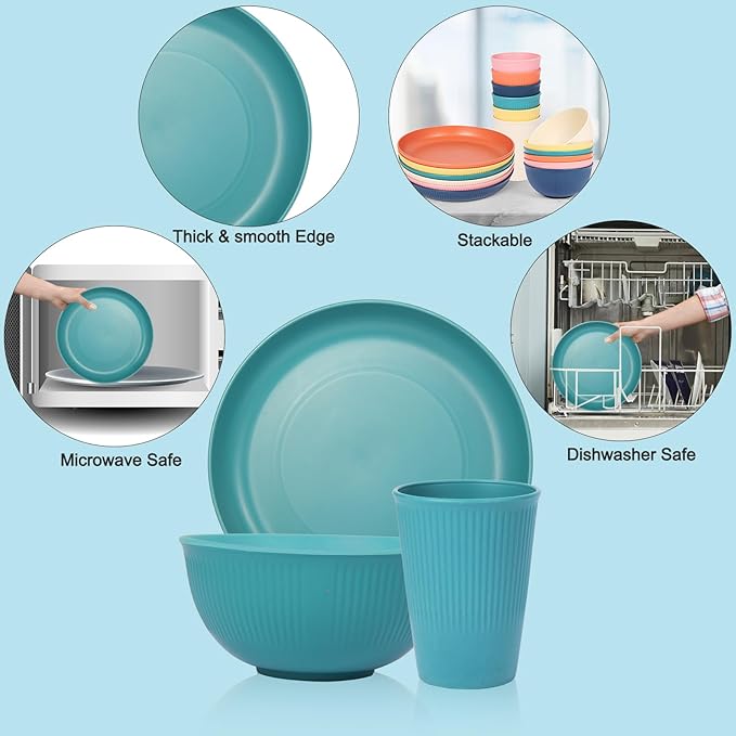 18pcs Wheat Straw Dinnerware Sets, Unbreakable dish Set Reusable Plates, Bowls, and Cups Set dishes Dishwasher Microwave Safe for Kitchen Outdoor Travel Camping (Light Macron)