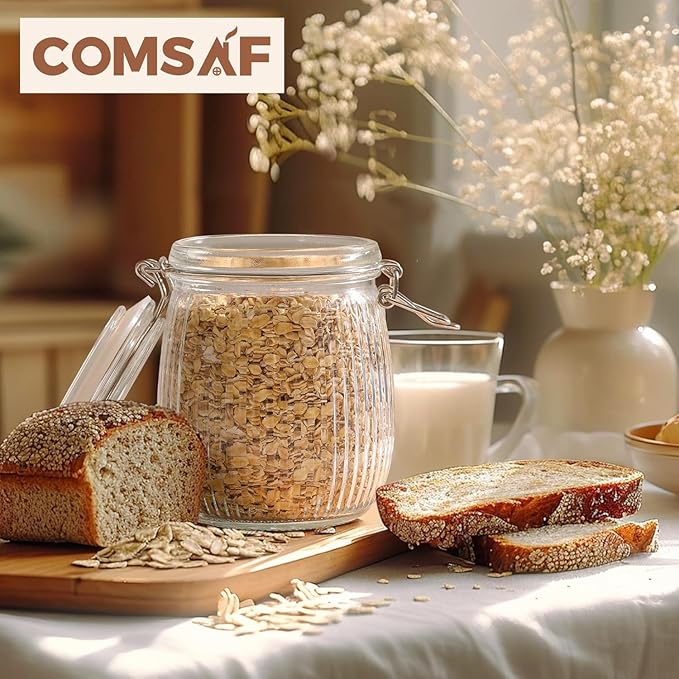 ComSaf Airtight Glass jar with lid 26oz Set of 6, Glass Storage Containers with Lids, Glass Canister, Mason Jars, Striped Clip Fastening Jar for Kitchen Canning, Oat, Coffee, Pasta, Snack, Nut, Candy