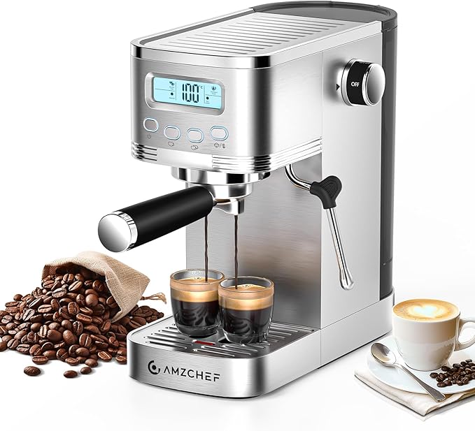 AMZCHEF Espresso Machine with LCD Display, 20 Bar Cappuccino Machines with Milk Frother for Home Gifts, Latte Coffee Maker with Dual Wall & Filters, Stainless Steel Style sliver