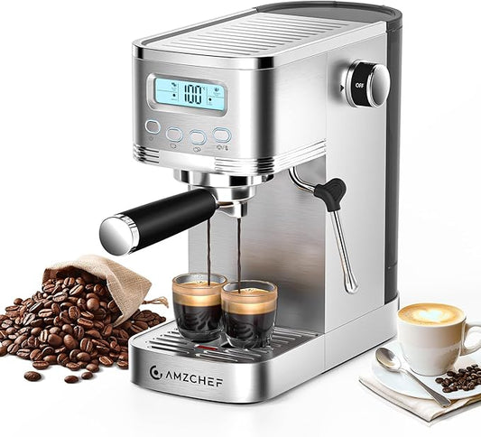 AMZCHEF Espresso Machine with LCD Display, 20 Bar Cappuccino Machines with Milk Frother for Home Gifts, Latte Coffee Maker with Dual Wall & Filters, Stainless Steel Style sliver