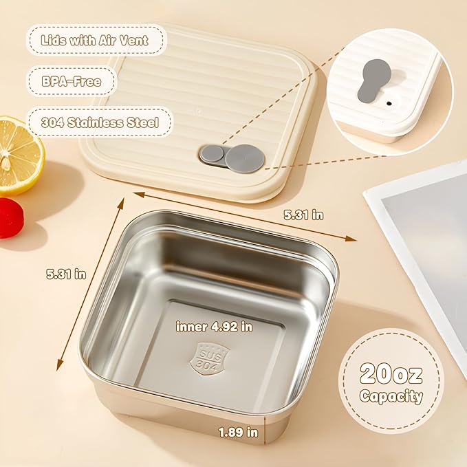 2 Pack Sandwich Containers, 20oz Stainless Steel Sandwich Box with Lids, Reusable Metal Meal Prep Lunch Boxes, BPA-Free, Dishwasher Safe, Food Storage Containers for Snacks & Fruits (White, Pink)