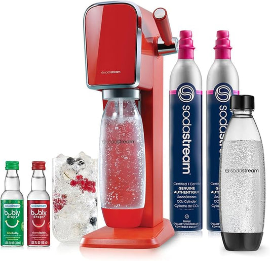 SodaStream - ART Sparkling Water Maker | VALUE BUNDLE | CQC CO2 system | Includes 2x CO2 Cylinders, 2x 32 Fl Oz Dishwasher Safe Bottles, 2x Bubly Flavor Drops | Combine with Flavors | Mandarin Red