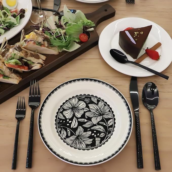 18/10 Stainless Steel Flatware Set Hand Forged Silverware Set Black Cutlery Set Round Hammered Handle Mirror Finished Heavy Duty 20 Pieces Service for 4