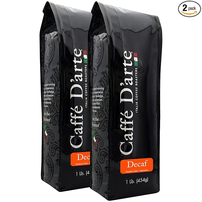 Caffe D'arte Decaf Ground Espresso Coffee – Bold & Smooth Medium Dark Roast with Rich Crema – Crafted for Espresso Machines – 1 lb Bag, Pack of 2