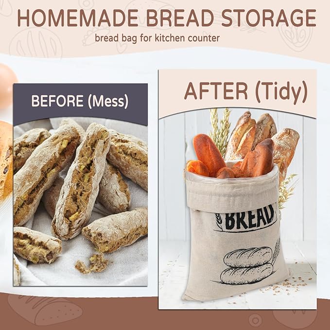 Bread Bags for Homemade Bread, Linen Bread Bag Storage, Reusable Sourdough Bread Bags with Plastic Liner, Drawstring Bread Container for Toast, Loaf,Sandwich Fresh Longer