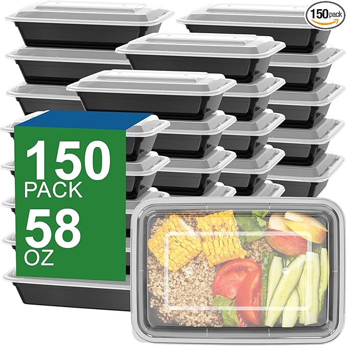 Meal Prep Containers with Lids - 150 Count – 58oz Large Reusable Food Storage Containers Bulk – Durable, Stackable, Freezer & Microwave Safe Meal Prepping Containers for Leftovers, Lunch & Takeout