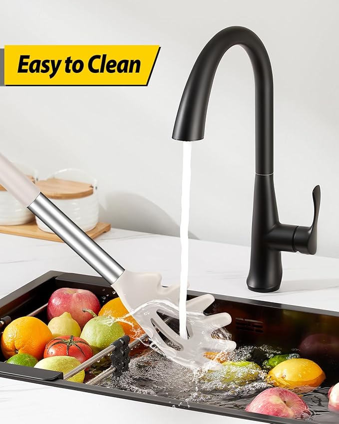 Silicone Pasta Fork and Cooking Spoon Set, Non Stick Kitchen Utensils for Cooking,Stirring,Serving Spaghetti, Soup, Sauce (KHAKI)